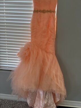 Jovani Strapless Peach Tulle Mermaid Gown with Gold Embellished Waist